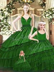 High Class Green Ball Gowns V-neck Sleeveless Organza Floor Length Lace Up Beading and Embroidery and Ruffled Layers Quinceanera Dresses