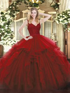 Graceful Ball Gowns 15th Birthday Dress Wine Red Straps Organza Sleeveless Floor Length Zipper