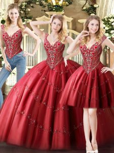 Perfect Wine Red 15 Quinceanera Dress Military Ball and Sweet 16 and Quinceanera with Beading V-neck Sleeveless Lace Up