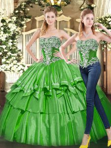 Strapless Sleeveless Tulle Quinceanera Gowns Beading and Ruffled Layers Lace Up