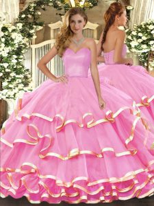 Sweetheart Sleeveless Quinceanera Gown Floor Length Ruffled Layers Rose Pink Organza