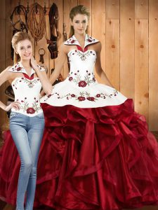 Classical Wine Red Sleeveless Embroidery and Ruffles Floor Length Quince Ball Gowns