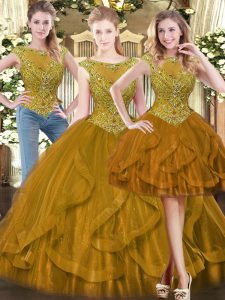 Brown Quinceanera Dresses Military Ball and Sweet 16 and Quinceanera with Beading and Ruffles Scoop Sleeveless Zipper