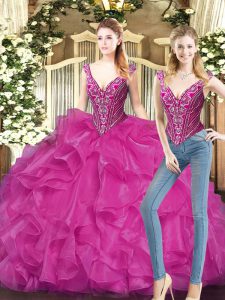 Stunning Floor Length Fuchsia Quinceanera Gowns V-neck Sleeveless Lace Up