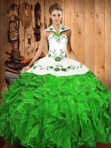 Vintage Floor Length Green Sweet 16 Dress Satin and Organza Sleeveless Embroidery and Ruffles
