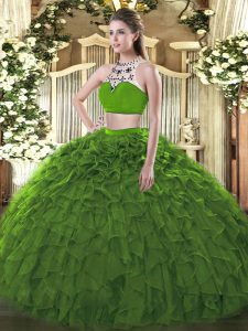 Most Popular High-neck Sleeveless Sweet 16 Dresses Floor Length Beading and Ruffles Dark Green Tulle