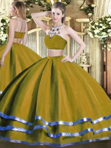 Inexpensive Olive Green Sleeveless Tulle Backless Quinceanera Dress for Military Ball and Sweet 16 and Quinceanera