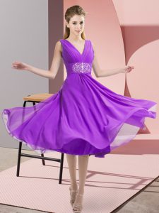 Chic V-neck Sleeveless Court Dresses for Sweet 16 Knee Length Beading Purple Chiffon