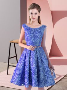 Customized Scoop Sleeveless Lace Up Prom Dress Blue Lace