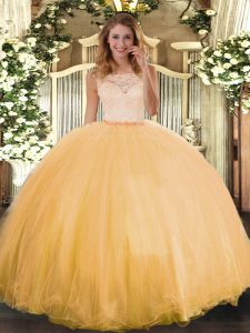 Gold Tulle Clasp Handle Quinceanera Gowns Sleeveless Floor Length Lace