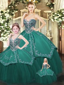 Dark Green Lace Up Sweet 16 Dresses Embroidery Sleeveless Floor Length