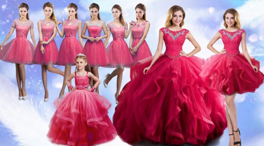 Beading 15 Quinceanera Dress Hot Pink Lace Up Sleeveless Floor Length