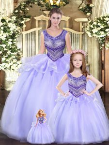 Perfect Lavender Tulle Lace Up Ball Gown Prom Dress Sleeveless Floor Length Beading and Ruching