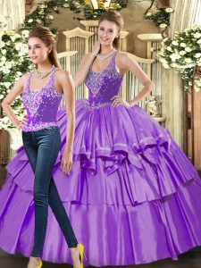 Free and Easy Sleeveless Organza Floor Length Lace Up Quince Ball Gowns in Eggplant Purple with Ruffled Layers