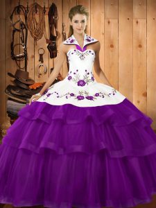 Fine Purple 15 Quinceanera Dress Organza Sweep Train Sleeveless Embroidery and Ruffled Layers