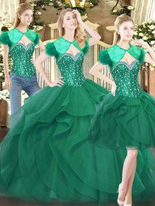 Decent Floor Length Lace Up Quinceanera Dresses Dark Green for Military Ball and Sweet 16 and Quinceanera with Beading and Ruffles