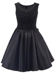 Modest Sleeveless Satin Mini Length Zipper Quinceanera Court Dresses in Black with Lace