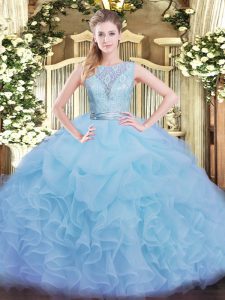 Stunning Floor Length Aqua Blue Vestidos de Quinceanera Organza Sleeveless Lace and Ruffles