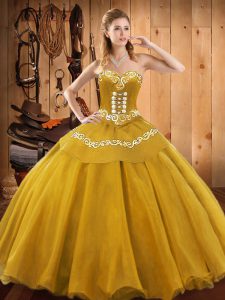 Pretty Gold Ball Gowns Embroidery Sweet 16 Quinceanera Dress Lace Up Satin and Tulle Sleeveless Floor Length