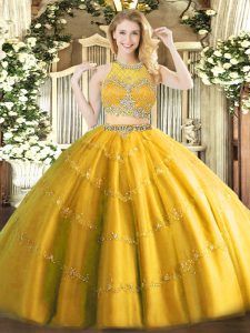 Gold Sleeveless Floor Length Beading Zipper Quinceanera Dresses