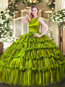 Olive Green Scoop Neckline Ruffled Layers 15 Quinceanera Dress Sleeveless Clasp Handle