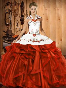 Spectacular Rust Red Satin and Organza Lace Up Halter Top Sleeveless Floor Length Vestidos de Quinceanera Embroidery and Ruffles
