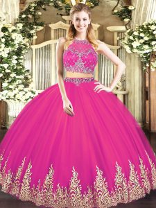 Scoop Sleeveless 15th Birthday Dress Floor Length Beading and Appliques Hot Pink Tulle