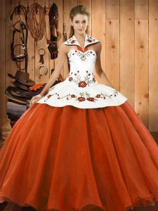 Halter Top Sleeveless Lace Up 15 Quinceanera Dress Orange Red Satin and Tulle