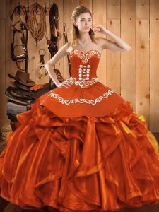 Rust Red Lace Up Vestidos de Quinceanera Embroidery and Ruffles Sleeveless Floor Length