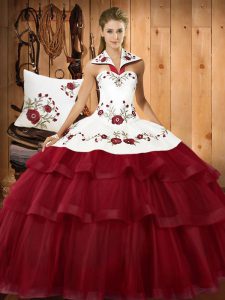 Dazzling Wine Red Halter Top Lace Up Embroidery and Ruffled Layers Sweet 16 Dresses Sweep Train Sleeveless