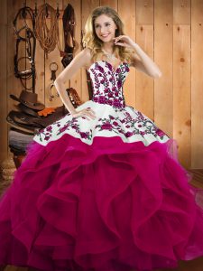 Elegant Sleeveless Floor Length Embroidery Lace Up 15th Birthday Dress with Fuchsia