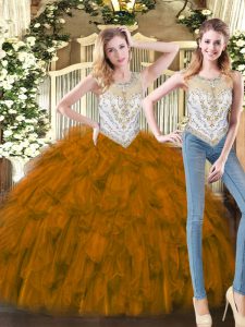 Brown Scoop Zipper Beading and Ruffles Vestidos de Quinceanera Sleeveless