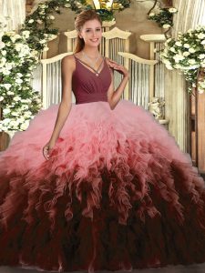 Deluxe V-neck Sleeveless Quinceanera Dress Floor Length Ruffles Multi-color Organza