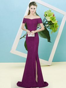 Enchanting Off The Shoulder Short Sleeves Sweep Train Zipper Prom Evening Gown Purple Sequined