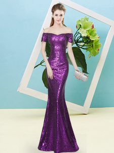 Purple Sequined Zipper Off The Shoulder Short Sleeves Floor Length Evening Dress Sequins
