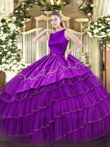 High End Purple Organza Clasp Handle Scoop Sleeveless Floor Length Vestidos de Quinceanera Embroidery and Ruffled Layers