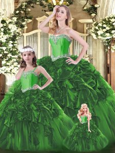 Noble Beading and Ruffles Sweet 16 Dresses Green Lace Up Sleeveless Floor Length