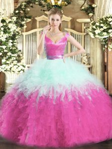 V-neck Sleeveless Zipper Ball Gown Prom Dress Multi-color Organza