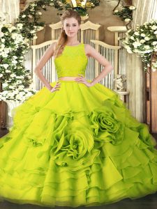 Low Price Yellow Green 15 Quinceanera Dress Military Ball and Sweet 16 and Quinceanera with Ruffles Scoop Sleeveless Zipper