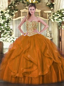 Sweetheart Sleeveless Quinceanera Gown Floor Length Beading and Ruffles Rust Red Organza