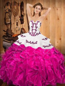 Inexpensive Fuchsia Satin and Organza Lace Up Sweet 16 Quinceanera Dress Sleeveless Floor Length Embroidery and Ruffles