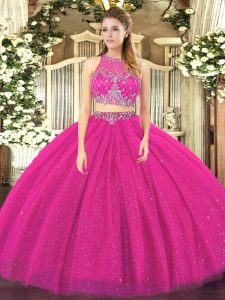 Custom Made Fuchsia Two Pieces Scoop Sleeveless Tulle Floor Length Zipper Beading Quinceanera Dress