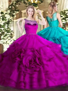Scoop Sleeveless Quinceanera Gowns Floor Length Beading and Ruffled Layers Fuchsia Organza