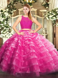 Beauteous Lace and Ruffled Layers 15th Birthday Dress Fuchsia Zipper Sleeveless Floor Length