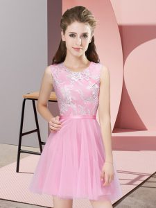 Traditional Pink Tulle Side Zipper Scoop Sleeveless Mini Length Quinceanera Dama Dress Lace