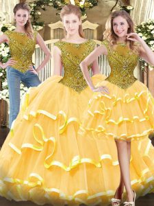 Top Selling Gold Zipper Scoop Beading and Ruffled Layers Quinceanera Dresses Tulle Sleeveless