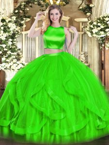 Beauteous Green High-neck Neckline Ruffles 15 Quinceanera Dress Sleeveless Criss Cross