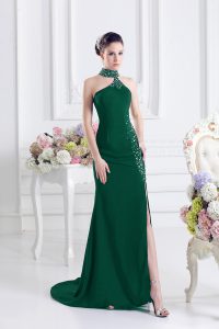 Lovely Dark Green Sleeveless Sweep Train Beading Prom Party Dress