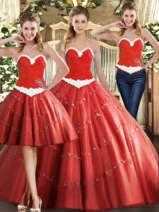 Hot Sale Sleeveless Floor Length Beading Lace Up 15 Quinceanera Dress with Coral Red