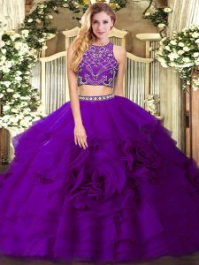 Vintage Eggplant Purple Zipper Vestidos de Quinceanera Beading and Ruffled Layers Sleeveless Floor Length